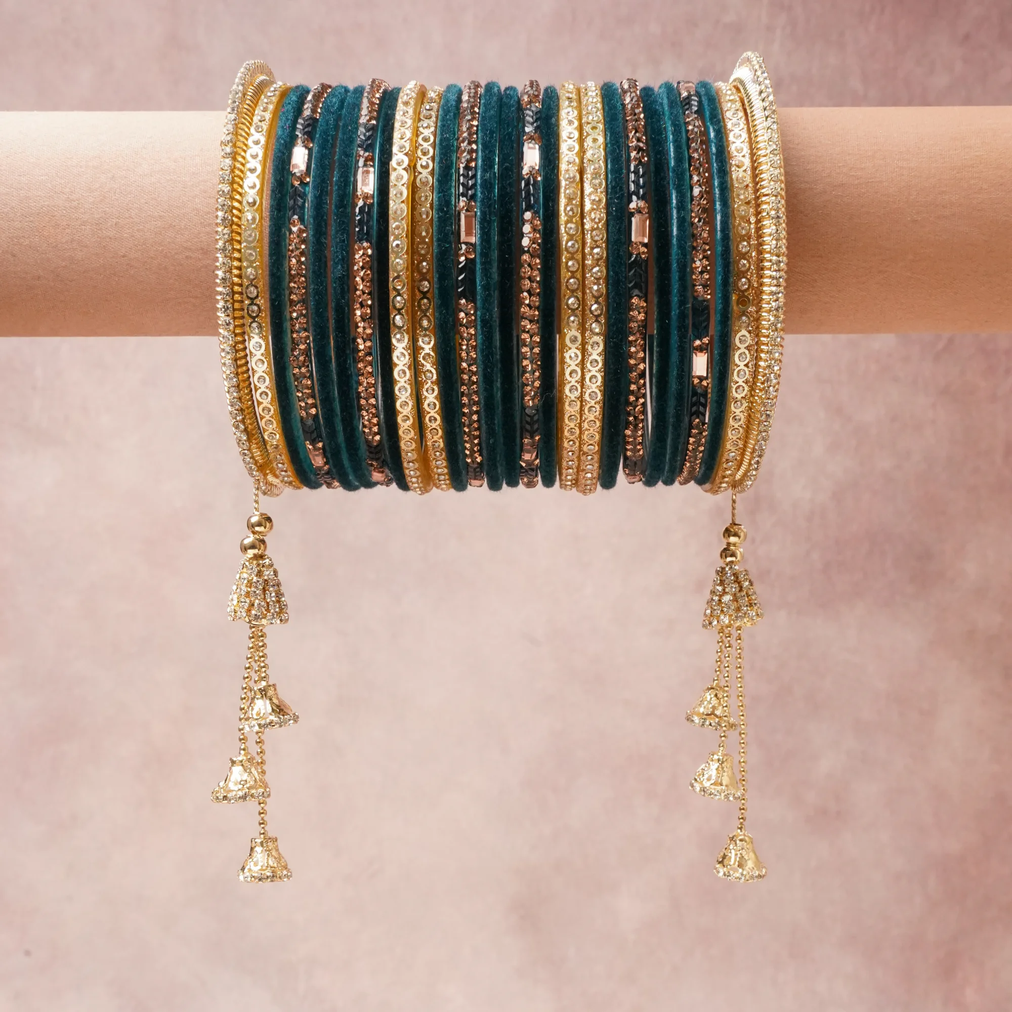 A commanding Deep Teal anchors this beautiful set, enriched with accents of Brilliant Gold, Rose Gold, Clear Crystal that add depth and dimension.

Featuring a striking composition of Velvet, Gold-toned Metal, Cubic Zirconia, this set carries intricate craftsmanship and strong presence. Grand in form, it is created for moments that deserve to be marked.